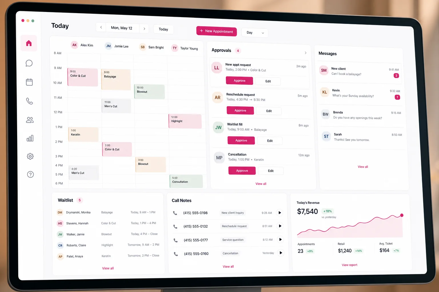 Salon Ally command center showing schedule, approvals, messages, waitlist, call notes, and revenue